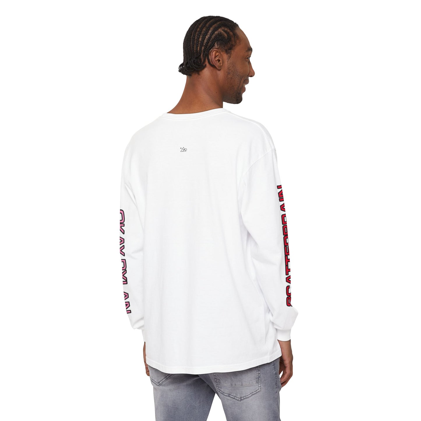 Model wearing the white SCATTERBRAIN long sleeve, back view showing relaxed fit and upper-back symbol