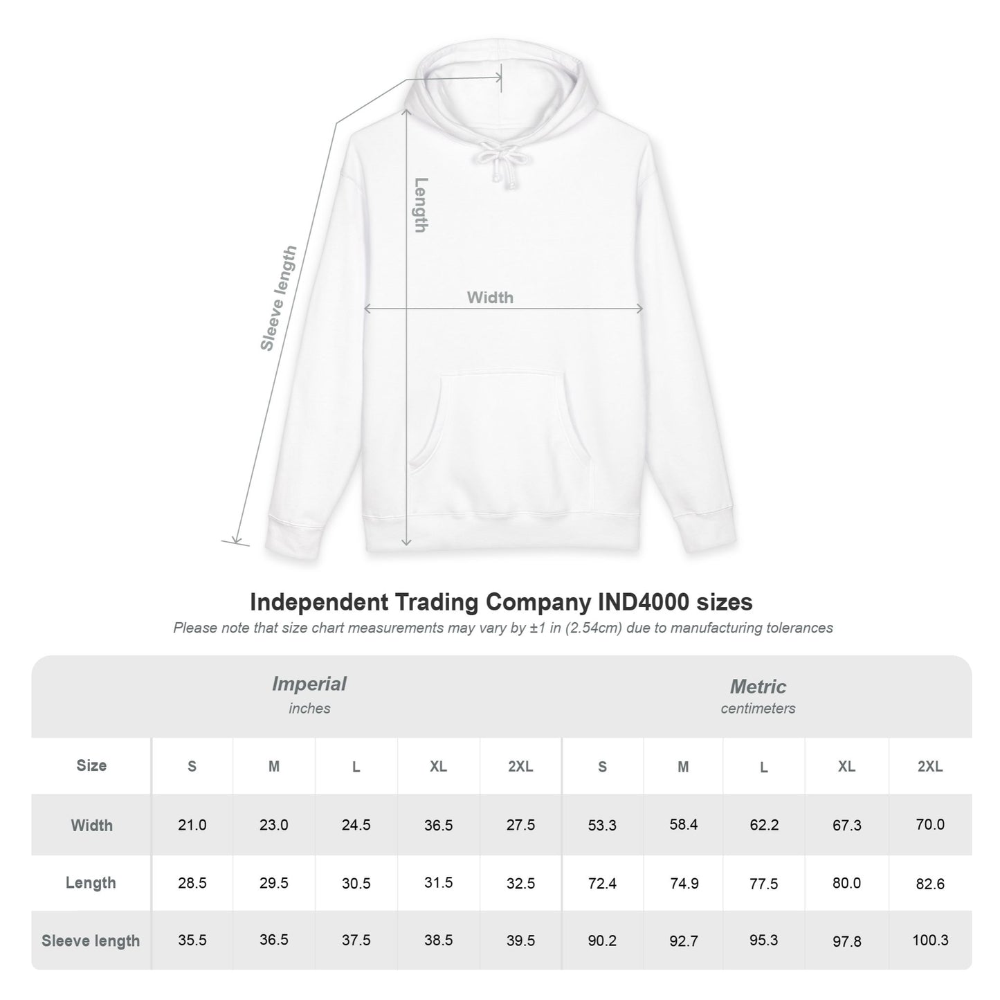 Manufacturer hoodie measurement diagram with width, length, and sleeve measurement locations