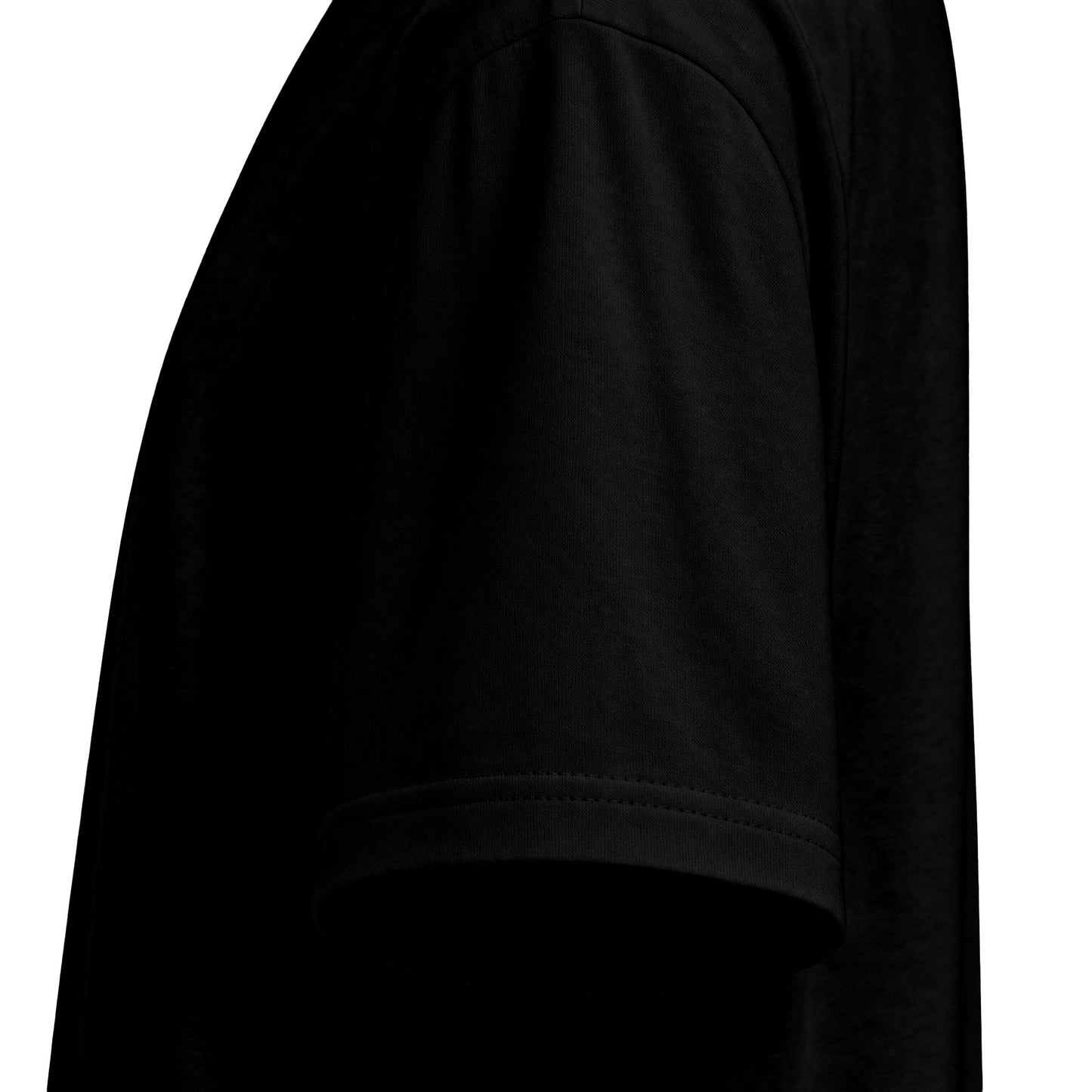 Close-up of black max heavyweight tee shoulder, sleeve seam, and dense cotton jersey