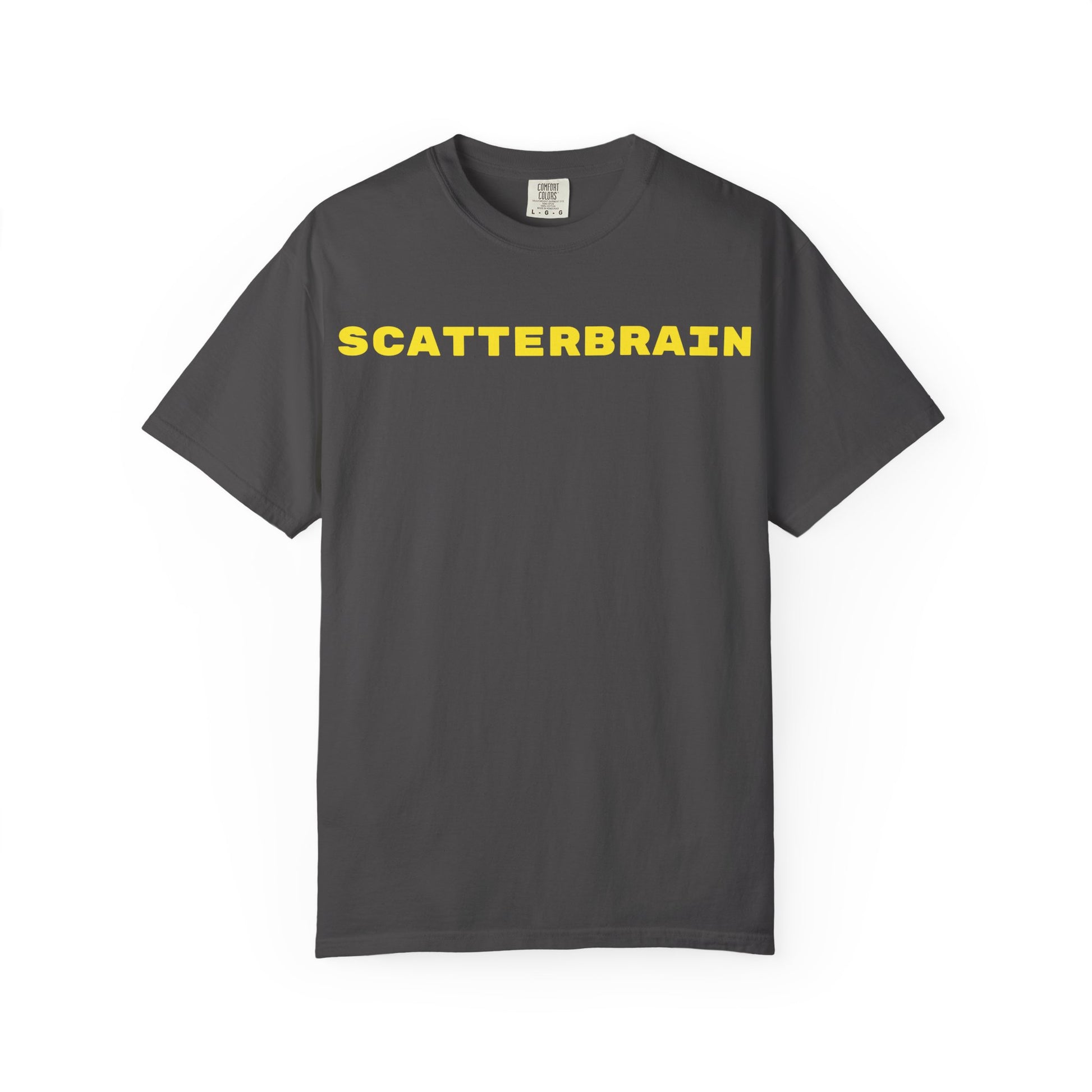 Graphite SCATTERBRAIN garment-dyed tee, front view with yellow chest wordmark