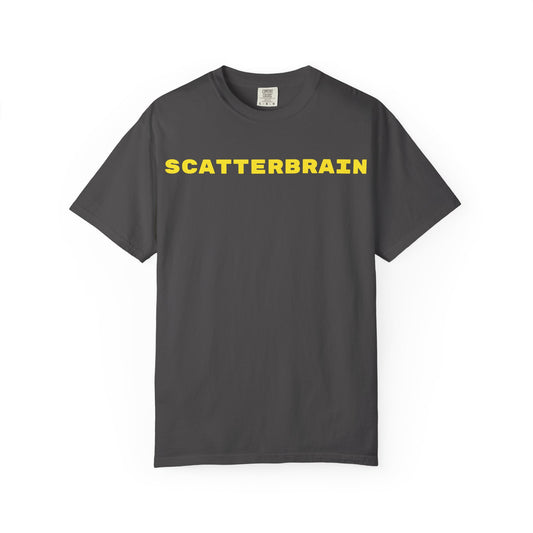 Graphite SCATTERBRAIN garment-dyed tee, front view with yellow chest wordmark