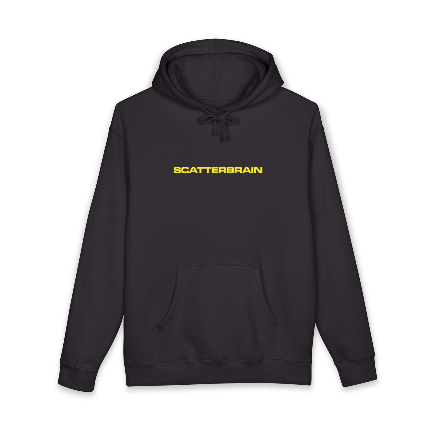 Black SCATTERBRAIN heavyweight hoodie, front view with yellow chest wordmark