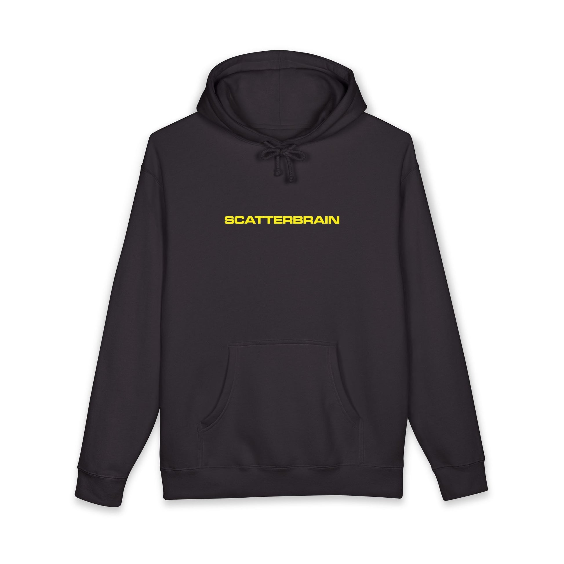 Black SCATTERBRAIN heavyweight hoodie, front view with yellow chest wordmark