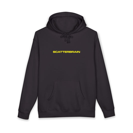 Black SCATTERBRAIN heavyweight hoodie, front view with yellow chest wordmark