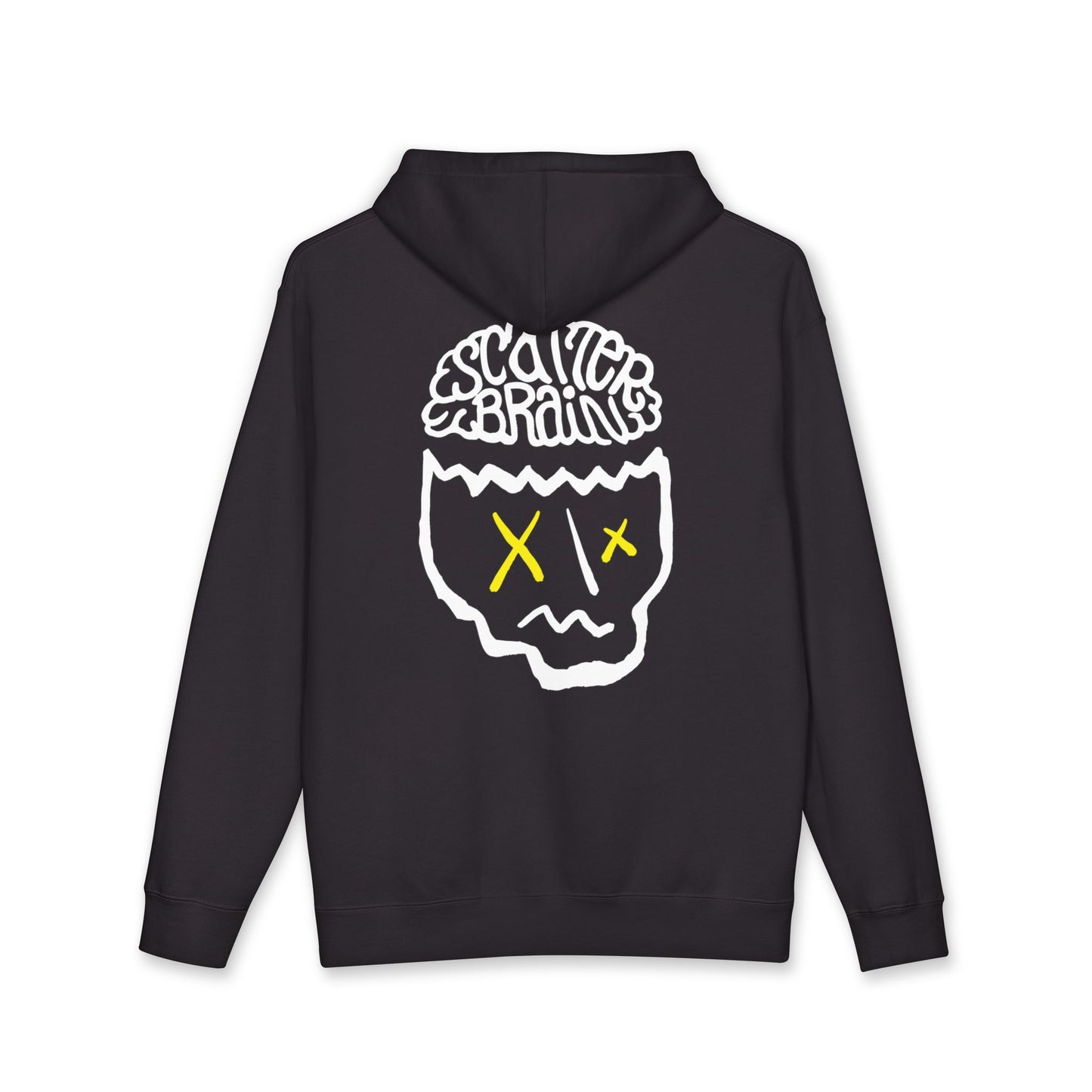 Black SCATTERBRAIN heavyweight hoodie, back view with oversized hand-drawn skull graphic