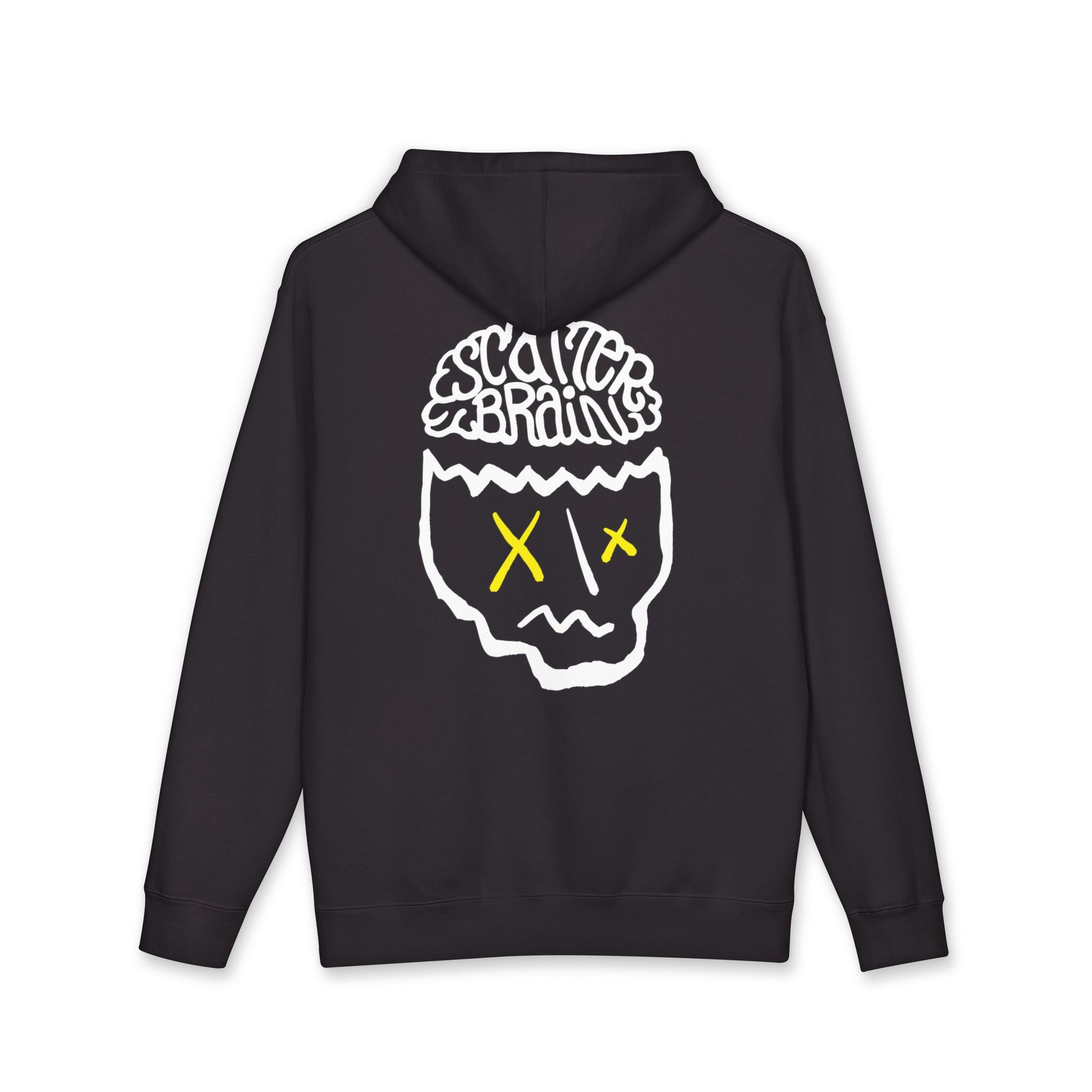 Black SCATTERBRAIN heavyweight hoodie, back view with oversized hand-drawn skull graphic