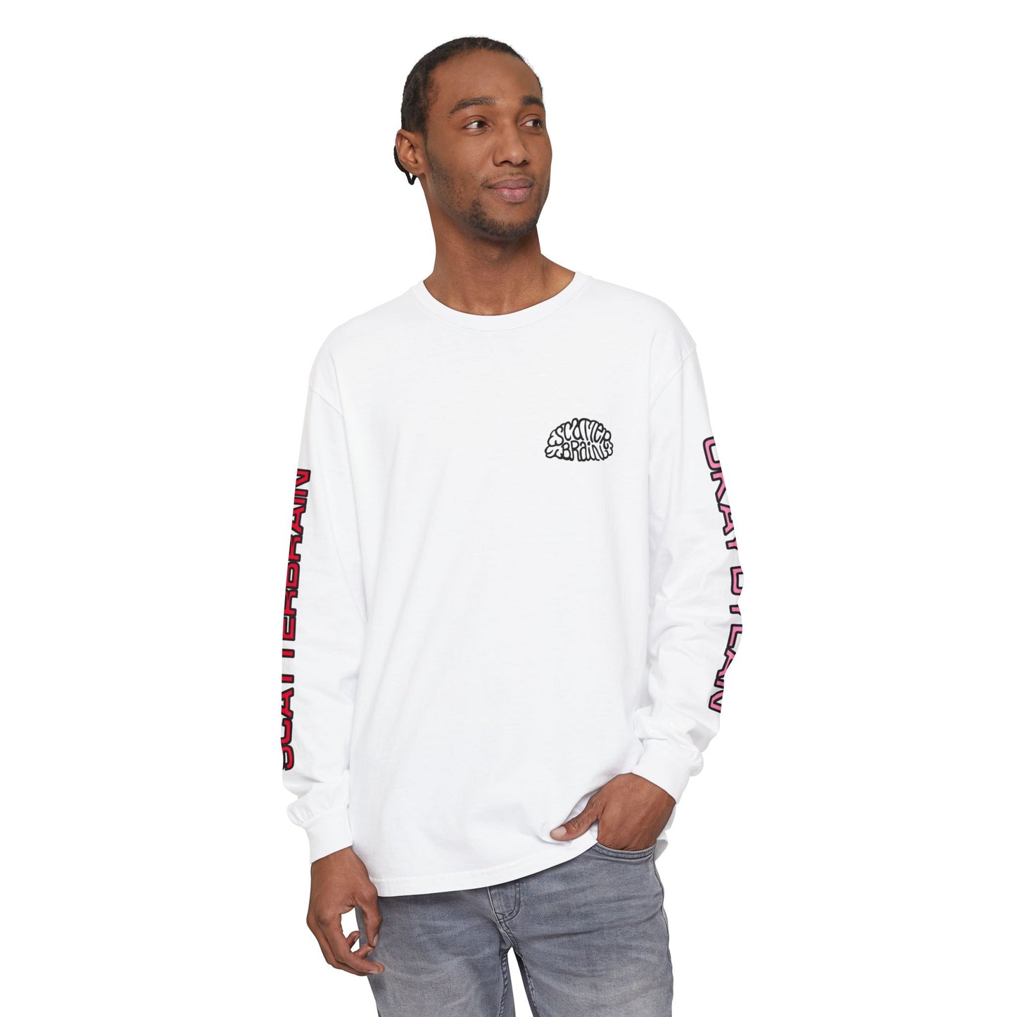 Model wearing the white SCATTERBRAIN long sleeve, showing relaxed front fit and sleeve graphics