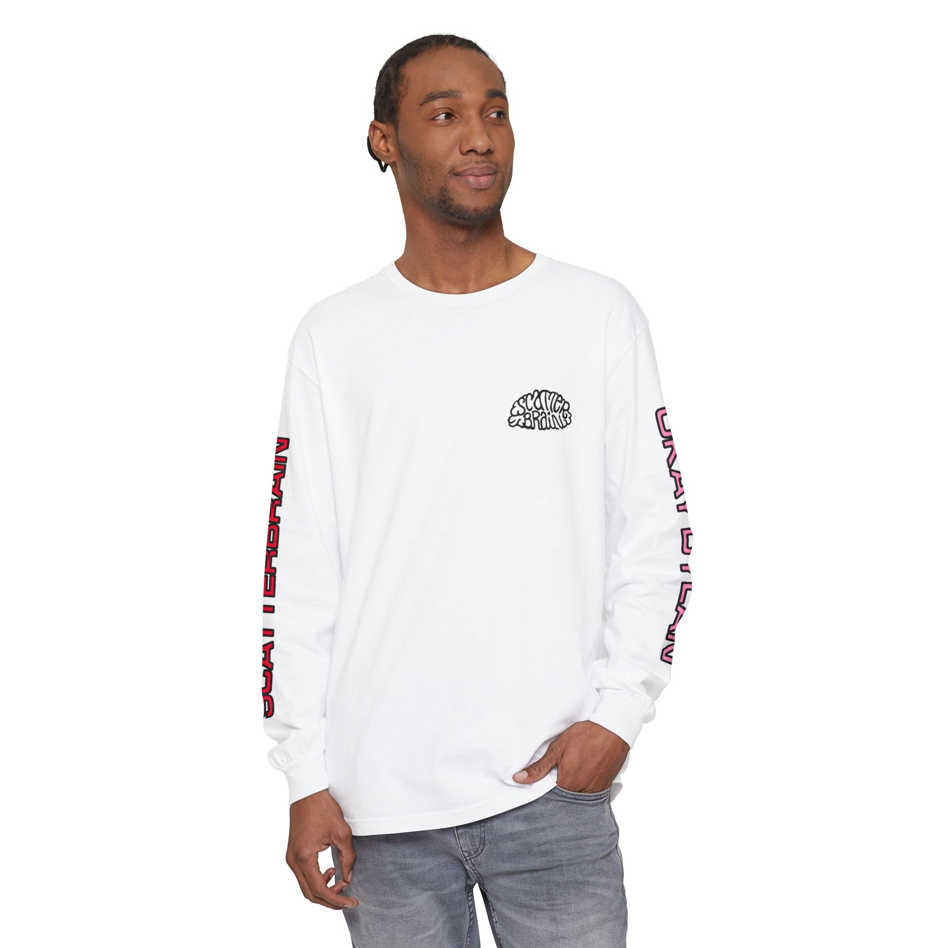 Model wearing the white SCATTERBRAIN long sleeve, showing relaxed front fit and sleeve graphics