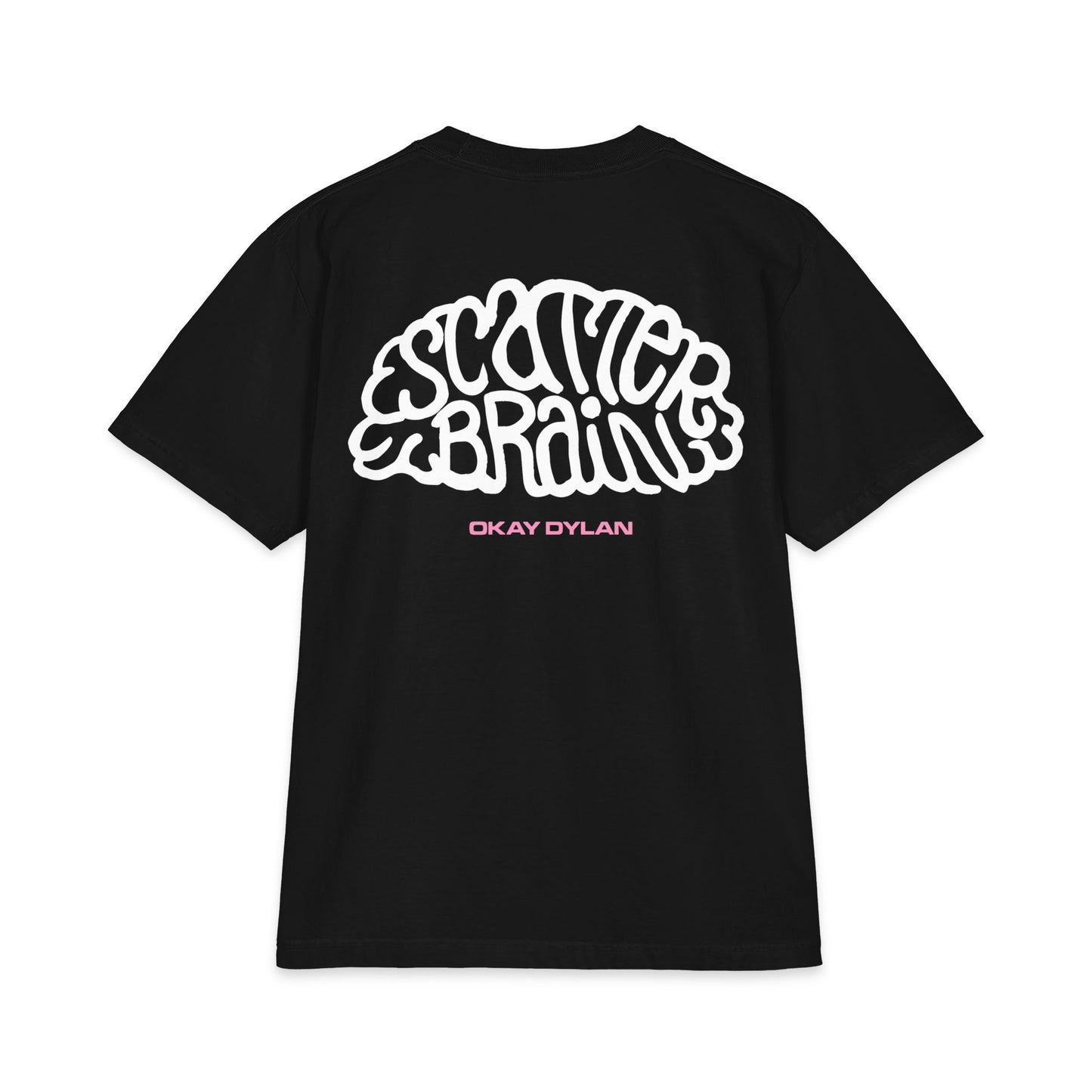 Black SCATTERBRAIN max heavyweight tee, back view with oversized white hand-drawn lettering and pink Okay Dylan mark