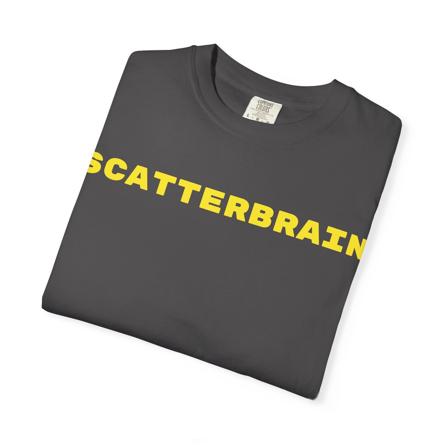 Folded graphite SCATTERBRAIN garment-dyed tee showing the yellow front wordmark