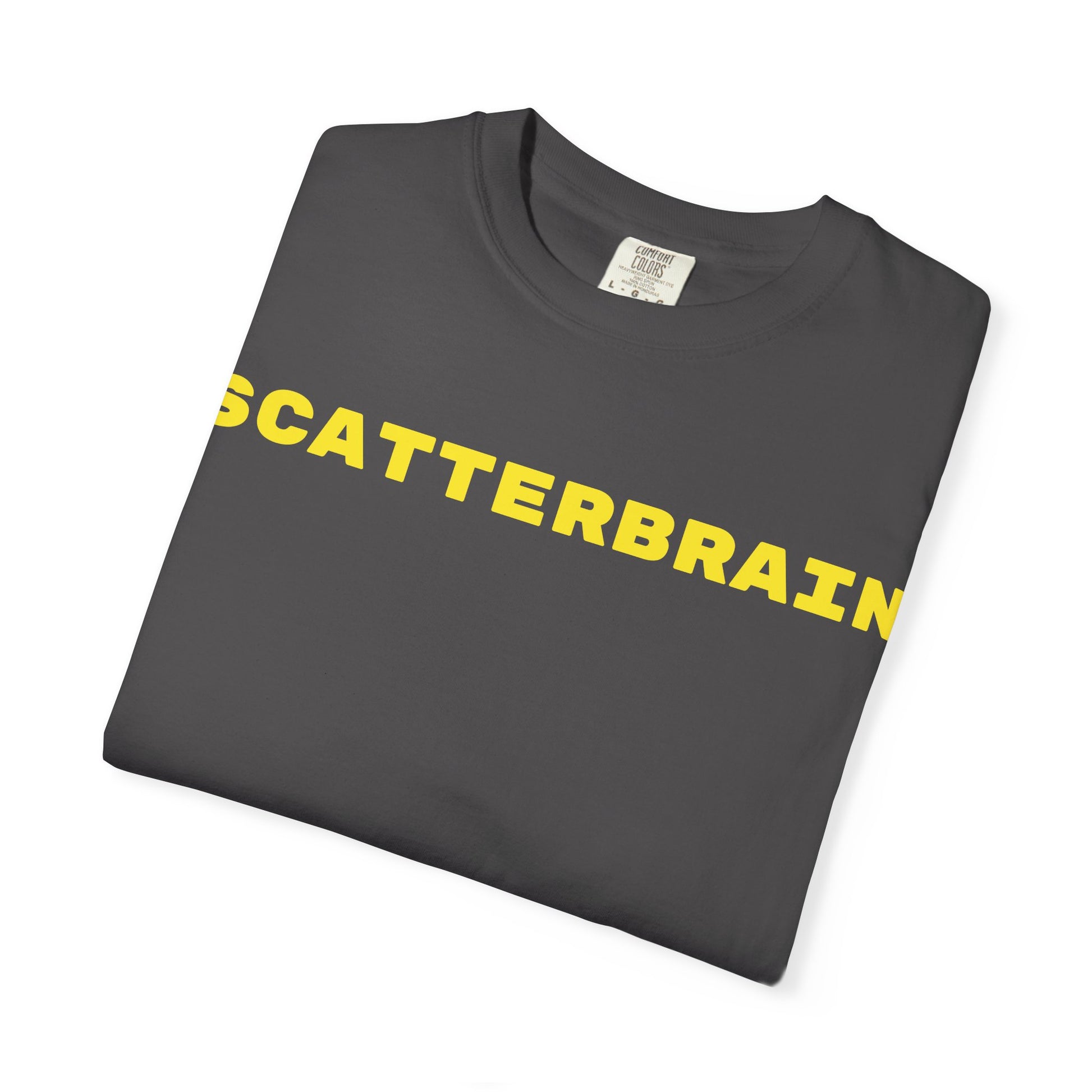 Folded graphite SCATTERBRAIN garment-dyed tee showing the yellow front wordmark