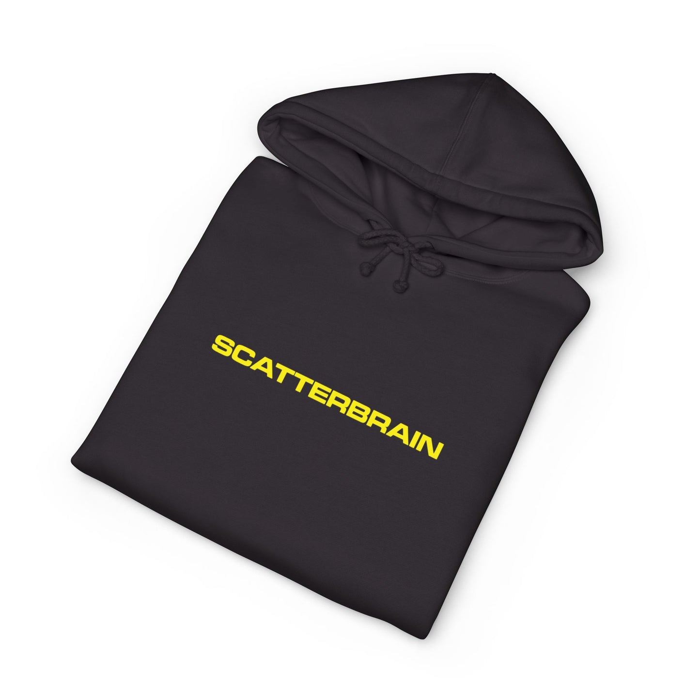 Folded black SCATTERBRAIN heavyweight hoodie showing the yellow front wordmark