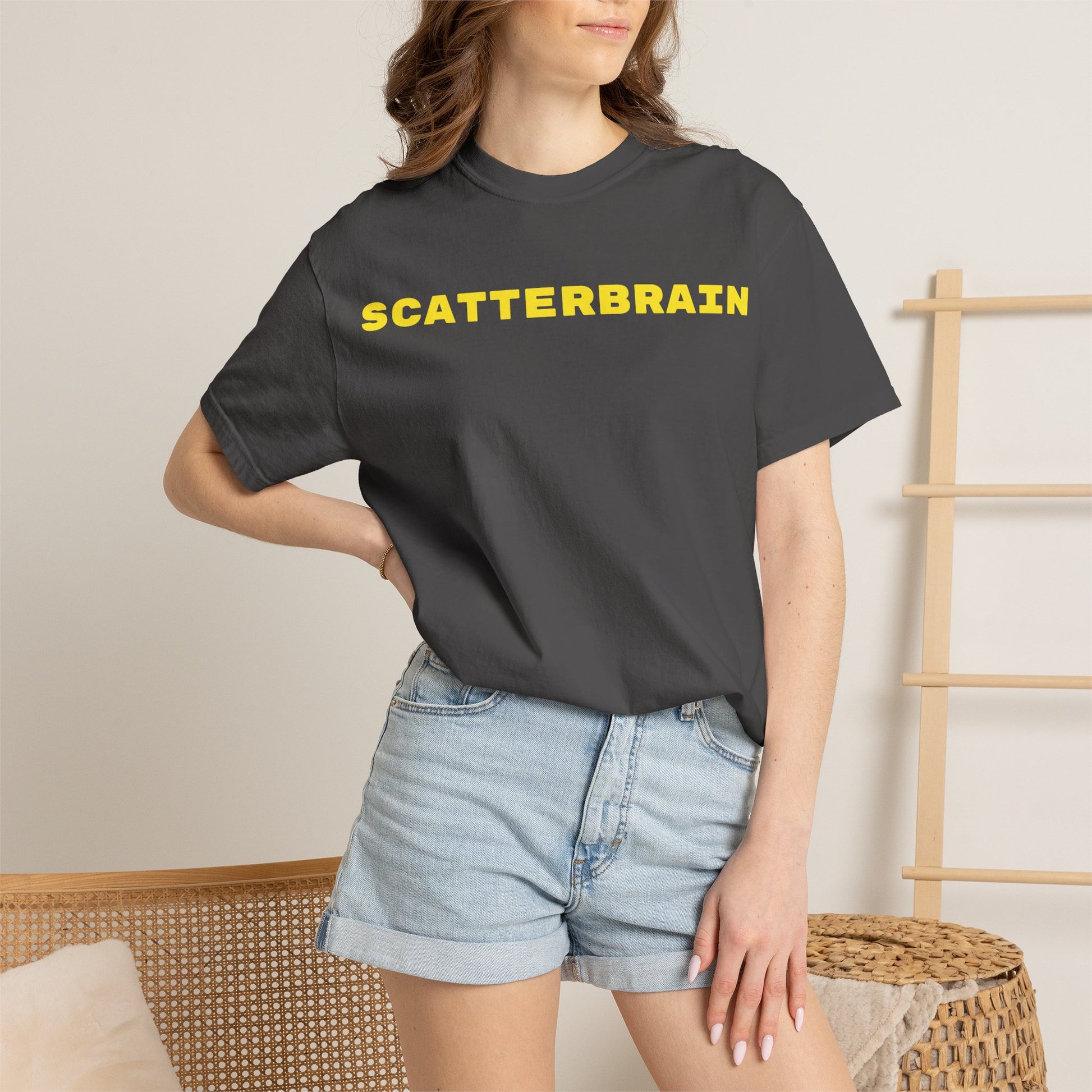 Model wearing the graphite SCATTERBRAIN garment-dyed tee, showing the relaxed front fit
