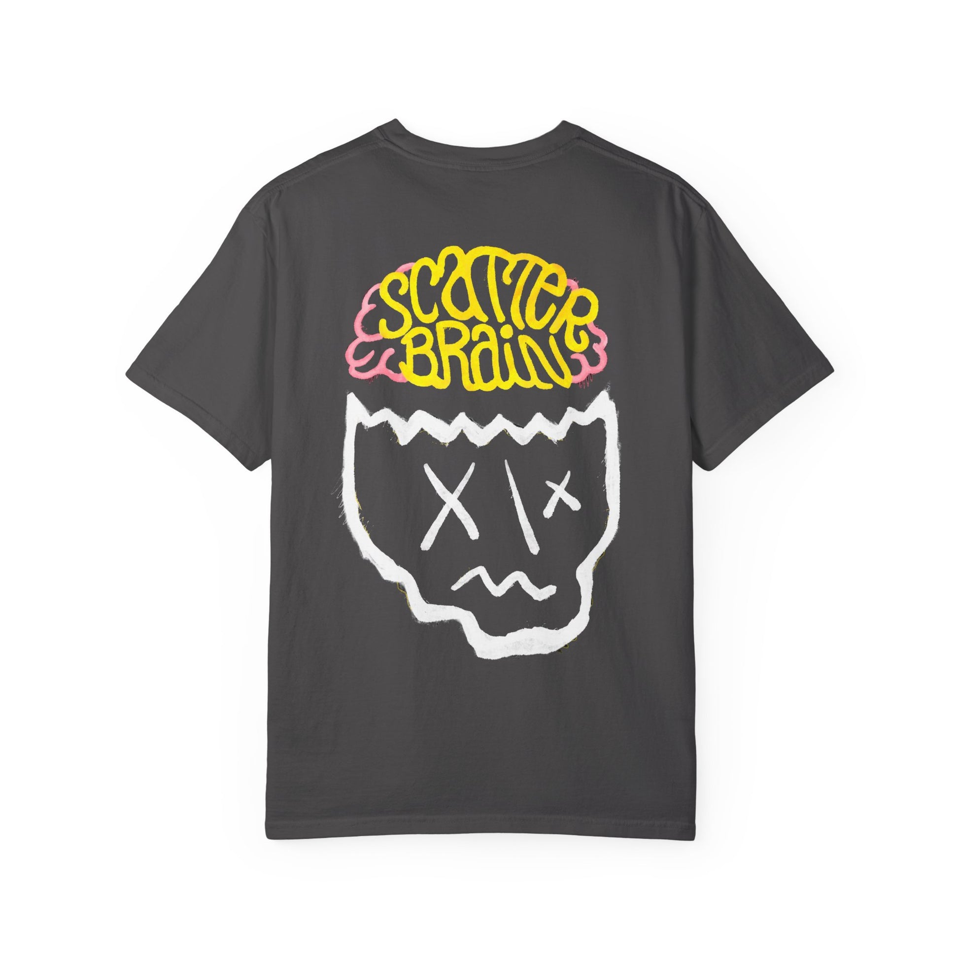 Graphite SCATTERBRAIN garment-dyed tee, back view with oversized hand-drawn skull artwork