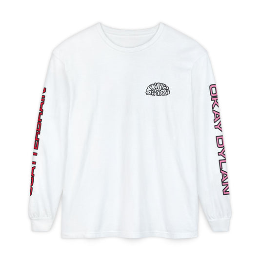 White SCATTERBRAIN garment-dyed long sleeve, front view with chest mark and sleeve lettering