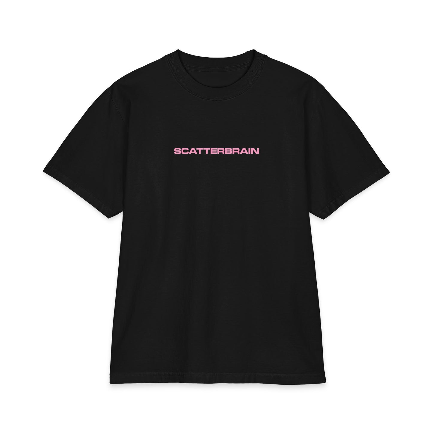 Black SCATTERBRAIN max heavyweight tee, front view with small pink chest wordmark