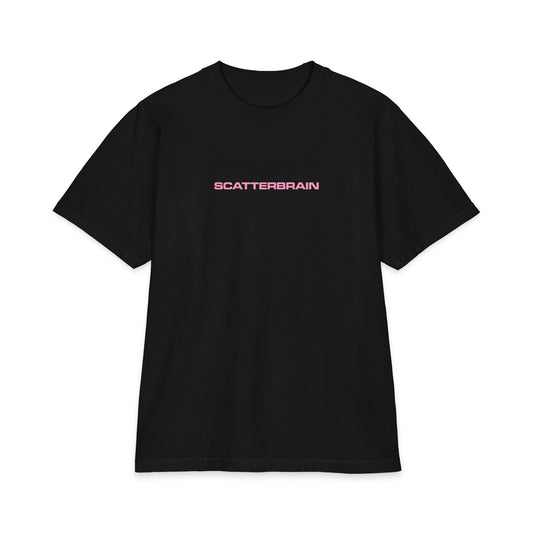 Black SCATTERBRAIN max heavyweight tee, front view with small pink chest wordmark
