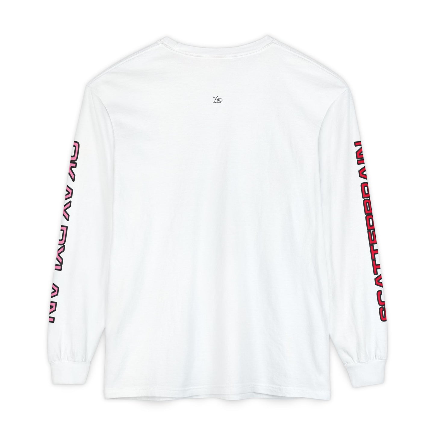 White SCATTERBRAIN long sleeve, back view with split sleeve lettering and small upper-back symbol